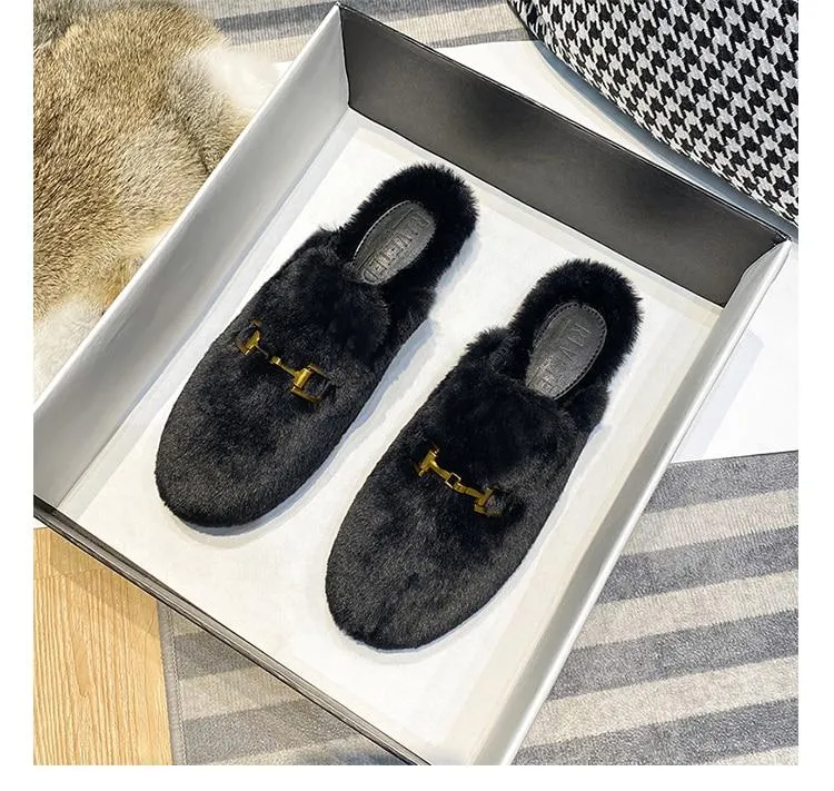 Fluffy women's fashion designer flat slippers for outdoor wear warm Oversized Mueller shoes Fluffy Flat Mules Warm